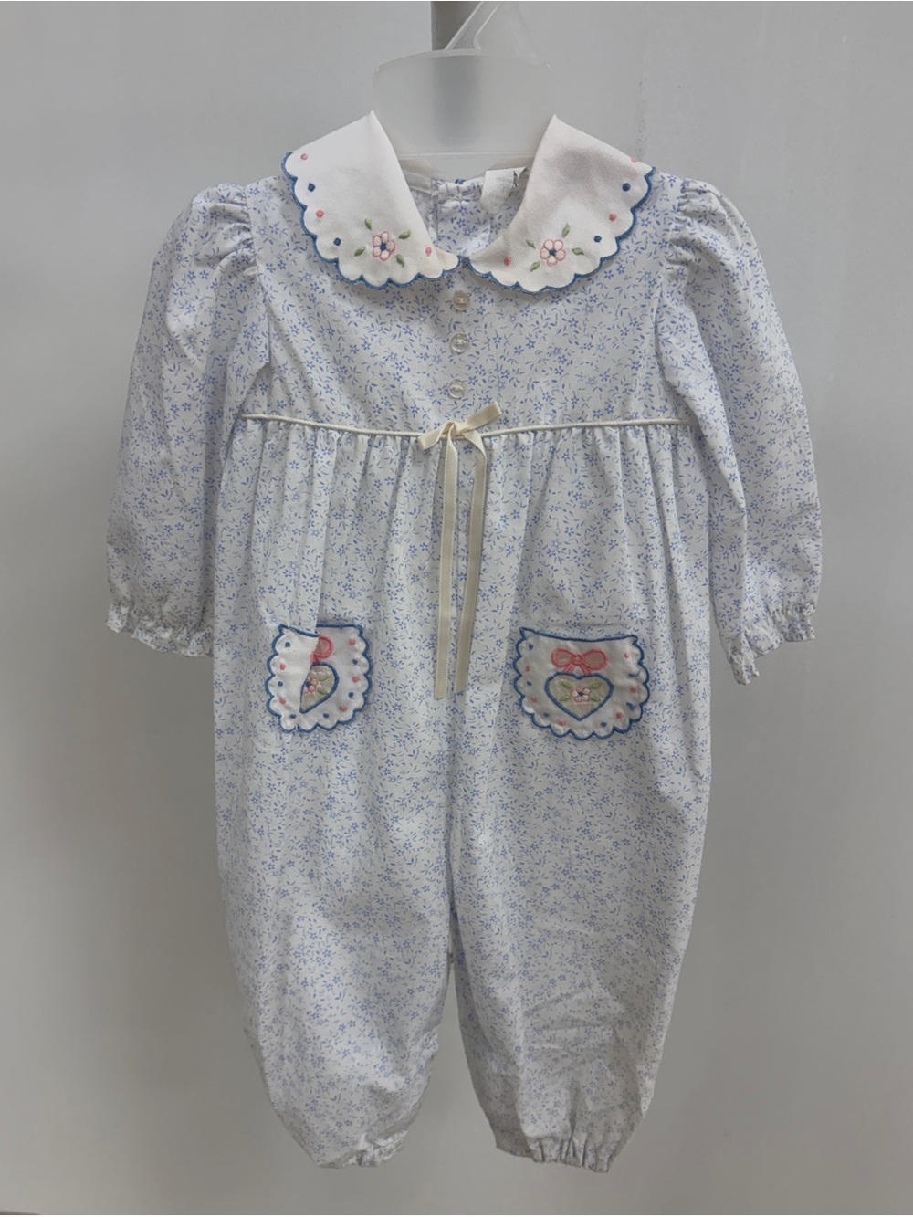 Vintage Classic Floral Blue Baby One-Piece with Peter Pan Collar